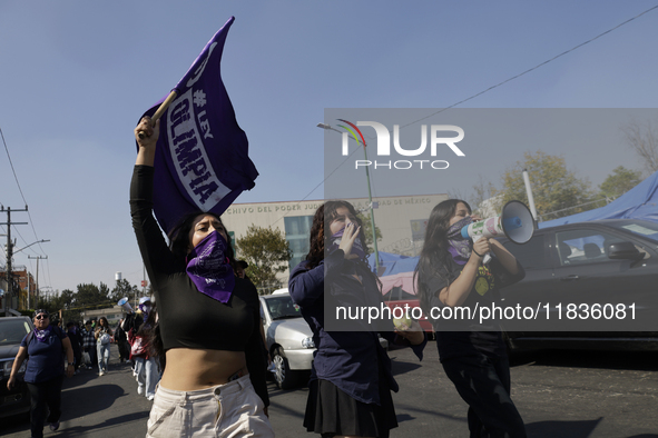 Feminist collectives outside the Reclusorio Oriente in Mexico City, Mexico, on December 4, 2024, accompany victims of sexual and digital vio...