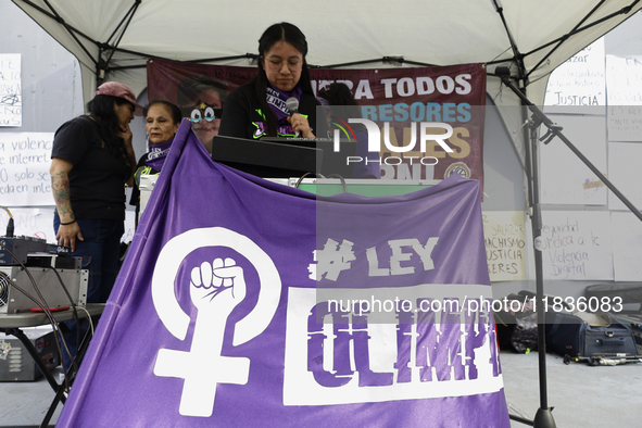 Feminist collectives outside the Reclusorio Oriente in Mexico City, Mexico, on December 4, 2024, accompany victims of sexual and digital vio...