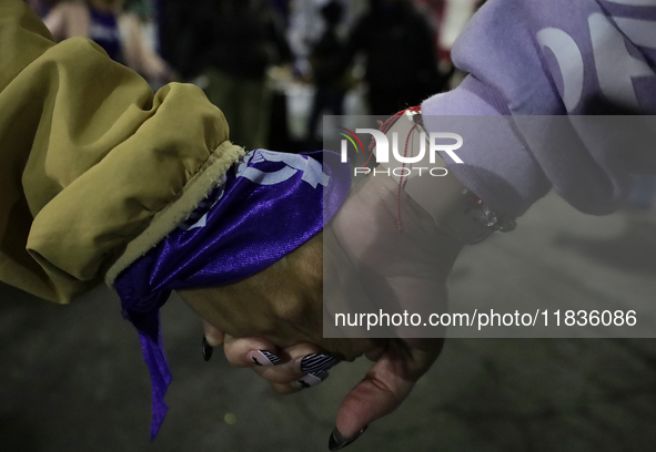 Feminist collectives outside the Reclusorio Oriente in Mexico City, Mexico, on December 4, 2024, accompany victims of sexual and digital vio...