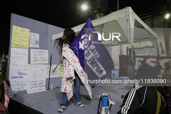 Feminist collectives outside the Reclusorio Oriente in Mexico City, Mexico, on December 4, 2024, accompany victims of sexual and digital vio...