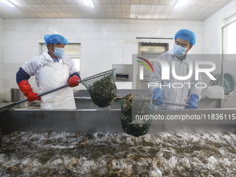 Workers process crabs for export to South Korea at a production workshop of an aquatic food company in Suqian, Jiangsu province, China, on D...