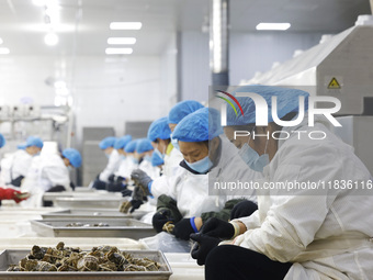 Workers process crabs for export to South Korea at a production workshop of an aquatic food company in Suqian, Jiangsu province, China, on D...