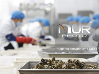 Workers process crabs for export to South Korea at a production workshop of an aquatic food company in Suqian, Jiangsu province, China, on D...