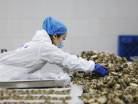 A worker processes crabs for export to South Korea at a production workshop of an aquatic food company in Suqian, Jiangsu province, China, o...