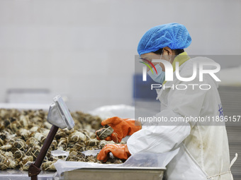 A worker processes crabs for export to South Korea at a production workshop of an aquatic food company in Suqian, Jiangsu province, China, o...