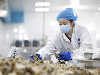 A worker processes crabs for export to South Korea at a production workshop of an aquatic food company in Suqian, Jiangsu province, China, o...