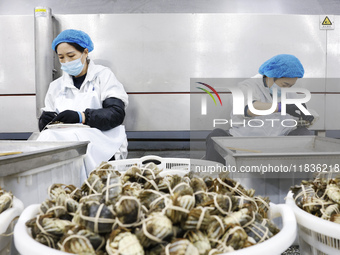 Workers process crabs for export to South Korea at a production workshop of an aquatic food company in Suqian, Jiangsu province, China, on D...