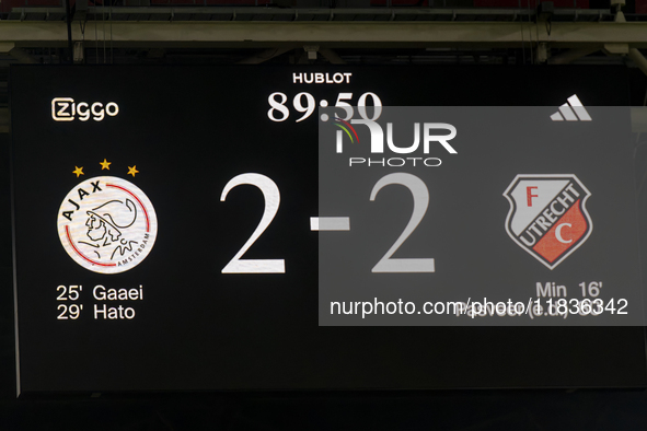 The scoreboard shows 2-2 during the match between Ajax and Utrecht at the Johan Cruijff ArenA for the Dutch Eredivisie season 2024-2025 in A...