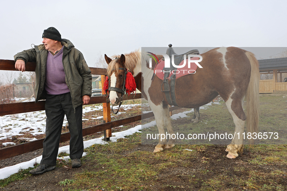 A worker stands by a Hutsul pony, also known as a Hucul pony or Carpathian pony, at the Hutsulyk Hutsul Pony Centre at the Hutsulshchyna Nat...