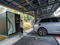 The ''Light storage, charge and discharge'' smart energy complex, jointly built by State Grid Nanjing Electric Vehicle Company and Nanjing Z...