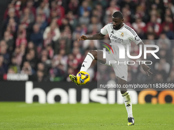 Antonio Rudiger centre-back of Real Madrid and Germany  controls the ball during the La Liga match between Athletic Club and Real Madrid CF...