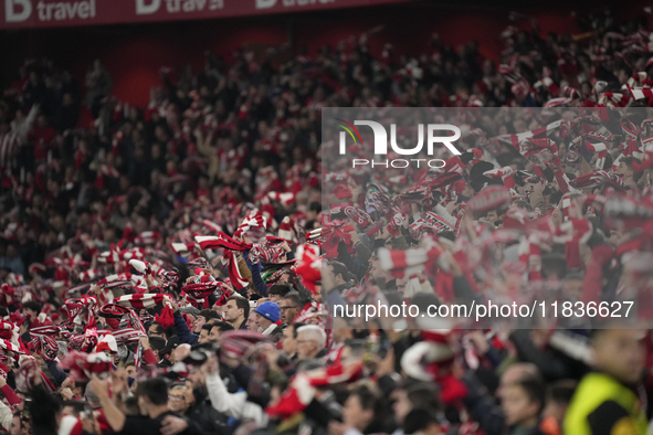  Athletic supporters during the La Liga match between Athletic Club and Real Madrid CF at Estadio de San Mames on December 3, 2024 in Bilbao...