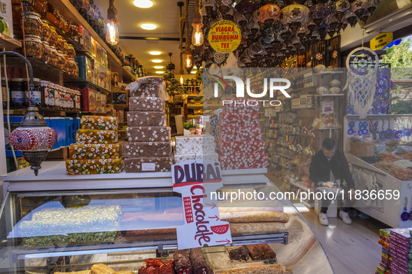 A shop with traditional Turkish sweets is seen in Side, Turkey, on November 7, 2024. 