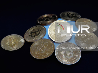 Commemorative bitcoin coins are in Yichang, Hubei province, China, on December 5, 2024. (