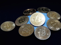 Commemorative bitcoin coins are in Yichang, Hubei province, China, on December 5, 2024. (