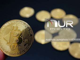 Commemorative bitcoin coins are in Yichang, Hubei province, China, on December 5, 2024. (