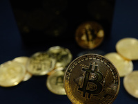 Commemorative bitcoin coins are in Yichang, Hubei province, China, on December 5, 2024. (