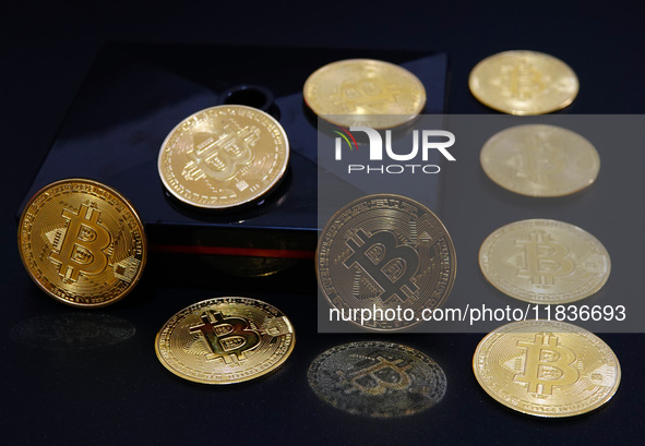 Commemorative bitcoin coins are in Yichang, Hubei province, China, on December 5, 2024. 