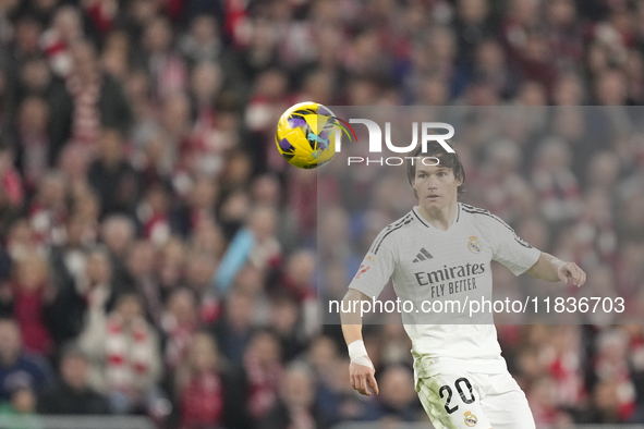 Fran Garcia left-back of Real Madrid and Spain controls the ball during the La Liga match between Athletic Club and Real Madrid CF at Estadi...