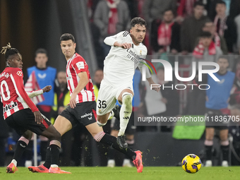 Raul Asencio centre-back of Real Madrid and Spain in action during the La Liga match between Athletic Club and Real Madrid CF at Estadio de...