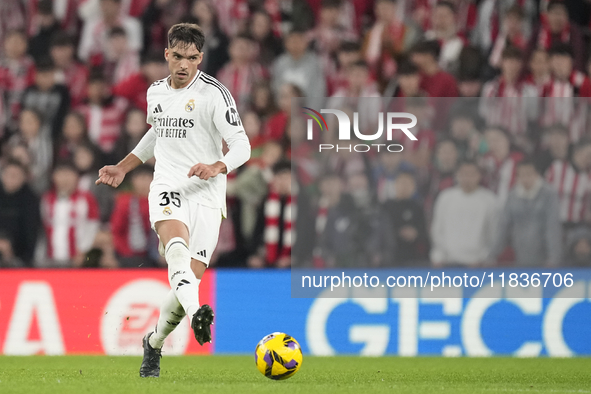 Raul Asencio centre-back of Real Madrid and Spain in action during the La Liga match between Athletic Club and Real Madrid CF at Estadio de...