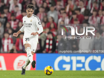 Raul Asencio centre-back of Real Madrid and Spain in action during the La Liga match between Athletic Club and Real Madrid CF at Estadio de...