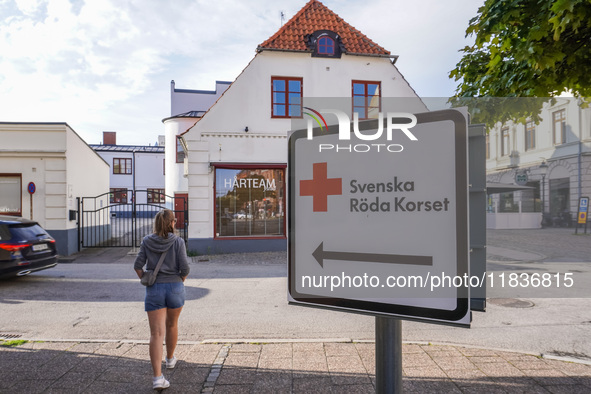 A Swedish Red Cross sign is seen in Ystad, Sweden, on August 4, 2024. 