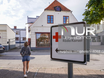 A Swedish Red Cross sign is seen in Ystad, Sweden, on August 4, 2024. (