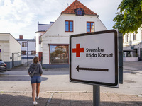 A Swedish Red Cross sign is seen in Ystad, Sweden, on August 4, 2024. (