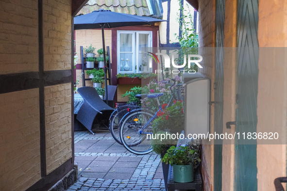 Bicycles park near the house in Ystad, Sweden, on August 4, 2024. 