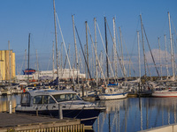 Yachts in a marina are seen in Ystad, Sweden, on August 4, 2024 (