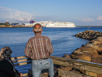 The Bornholmslinjen ferry, which connects Ystad in Sweden and Rone on Bornholm Island in Denmark, is seen in Ystad, Sweden, on August 4, 202...