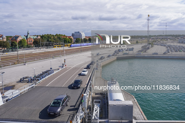 A general view of the ferry terminal in the port is seen in Ystad, Sweden, on August 5, 2024. 