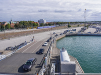 A general view of the ferry terminal in the port is seen in Ystad, Sweden, on August 5, 2024. (