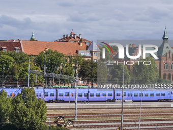 An SJ Swedish railway company train is seen in Ystad, Sweden, on August 4, 2024. (