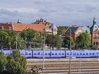 An SJ Swedish railway company train is seen in Ystad, Sweden, on August 4, 2024. (