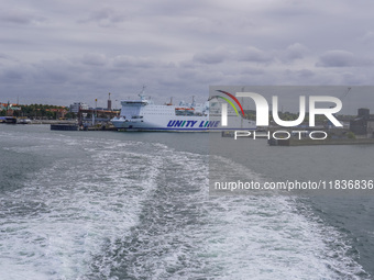 The Unity Line Polonia ferry, which connects Ystad and Swinoujscie in Poland, is seen in Ystad, Sweden, on August 4, 2024. (