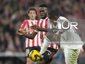 Antonio Rudiger centre-back of Real Madrid and Germany and Inaki Williams right winger of Athletic Club and Ghana compete for the ball durin...