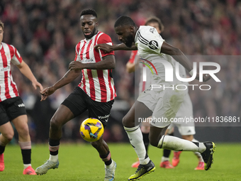 Antonio Rudiger centre-back of Real Madrid and Germany and Inaki Williams right winger of Athletic Club and Ghana compete for the ball durin...