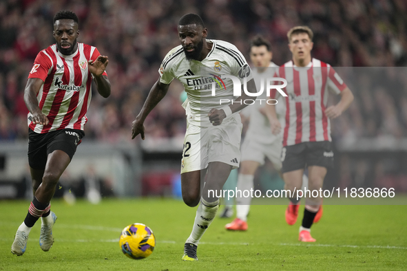 Antonio Rudiger centre-back of Real Madrid and Germany and Inaki Williams right winger of Athletic Club and Ghana compete for the ball durin...