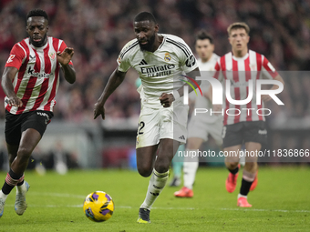 Antonio Rudiger centre-back of Real Madrid and Germany and Inaki Williams right winger of Athletic Club and Ghana compete for the ball durin...