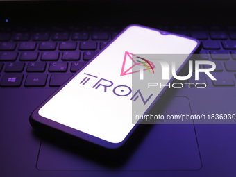 The TRON logo appears on the screen of a smartphone in Reno, United States, on December 5, 2024. (