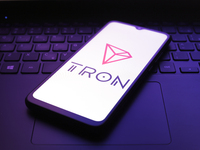 The TRON logo appears on the screen of a smartphone in Reno, United States, on December 5, 2024. (