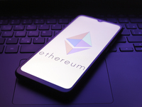 The Ethereum logo appears on the screen of a smartphone in Reno, United States, on December 5, 2024. (