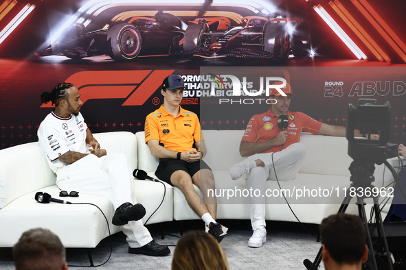 Lewis Hamilton of Mercedes, Oscar Piastri of McLaren and Carlos Sainz of Ferrari during press conference ahead of the Formula 1 Austrian Gra...