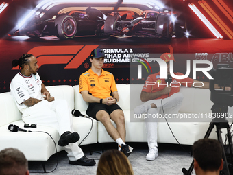 Lewis Hamilton of Mercedes, Oscar Piastri of McLaren and Carlos Sainz of Ferrari during press conference ahead of the Formula 1 Austrian Gra...