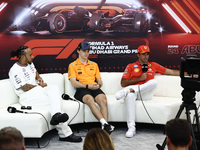 Lewis Hamilton of Mercedes, Oscar Piastri of McLaren and Carlos Sainz of Ferrari during press conference ahead of the Formula 1 Austrian Gra...