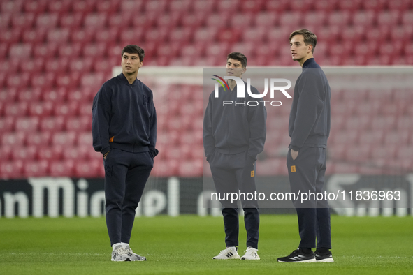 (L-R) Gonzalo Garcia right winger, Lorenzo Aguado right-back and Sergio Mestre goalkeeper of Real Madrid and Spain prior the La Liga match b...