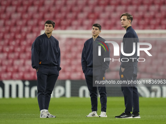 (L-R) Gonzalo Garcia right winger, Lorenzo Aguado right-back and Sergio Mestre goalkeeper of Real Madrid and Spain prior the La Liga match b...