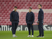 (L-R) Gonzalo Garcia right winger, Lorenzo Aguado right-back and Sergio Mestre goalkeeper of Real Madrid and Spain prior the La Liga match b...